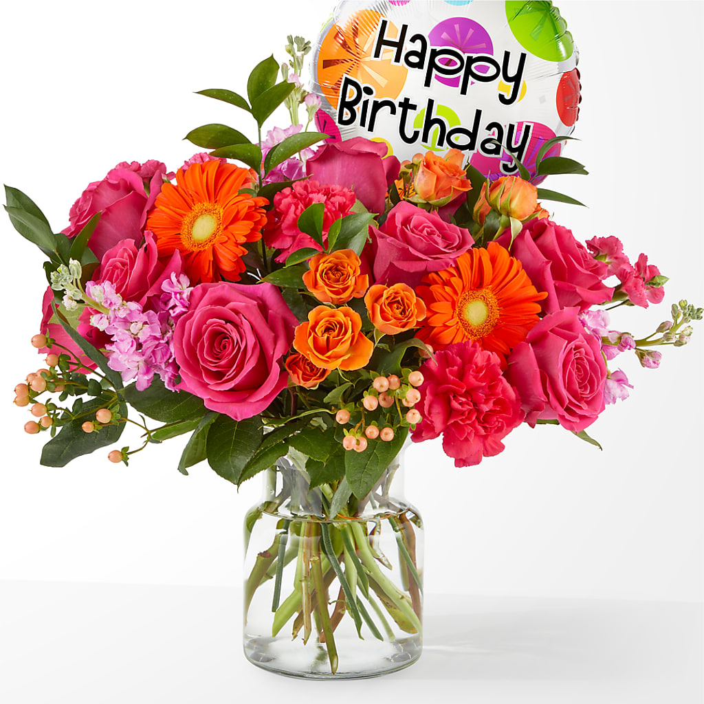 Fiesta Bouquet with Birthday Balloon – HOMETOWN TREASURES FLORAL & GIFTS, Morris OK
