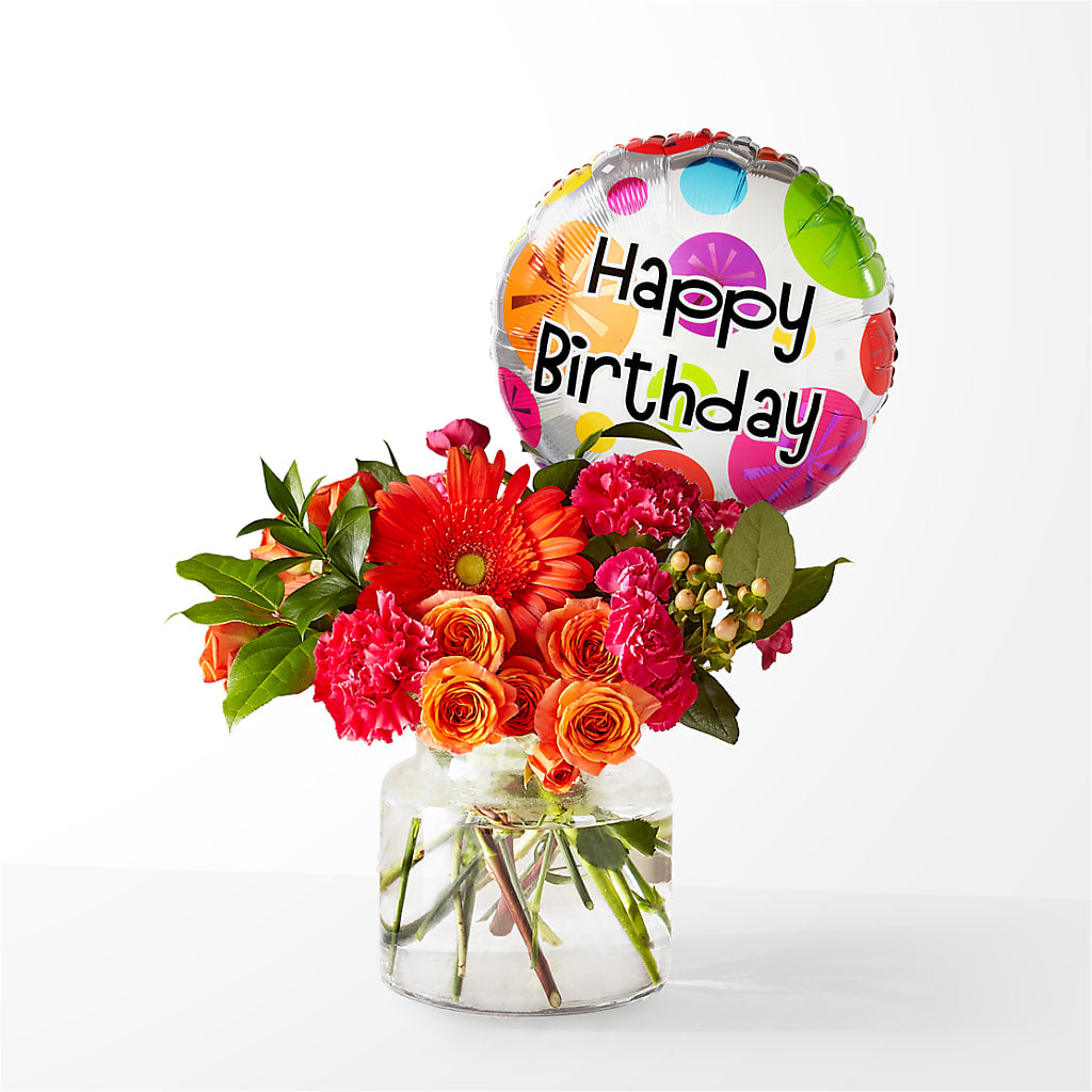 Fiesta Bouquet with Birthday Balloon – HOMETOWN TREASURES FLORAL & GIFTS, Morris OK
