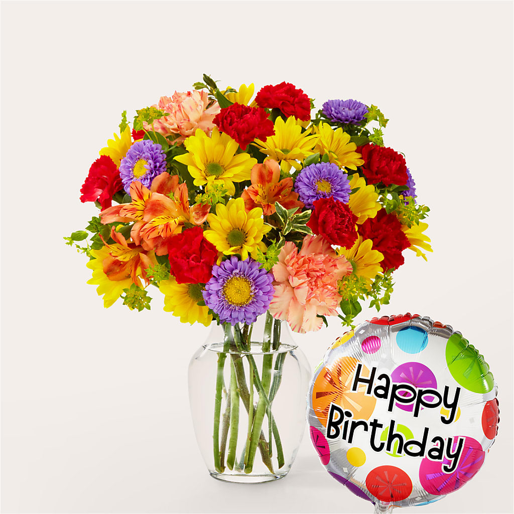 Kaleidoscope Bouquet with Birthday Balloon – HOMETOWN TREASURES FLORAL & GIFTS, Morris OK