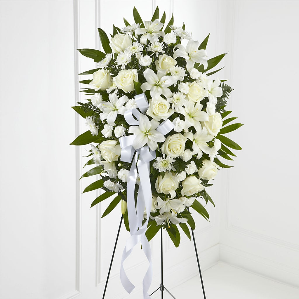 Exquisite Tribute Standing Spray-White Ribbon – HOMETOWN TREASURES FLORAL & GIFTS, Morris OK